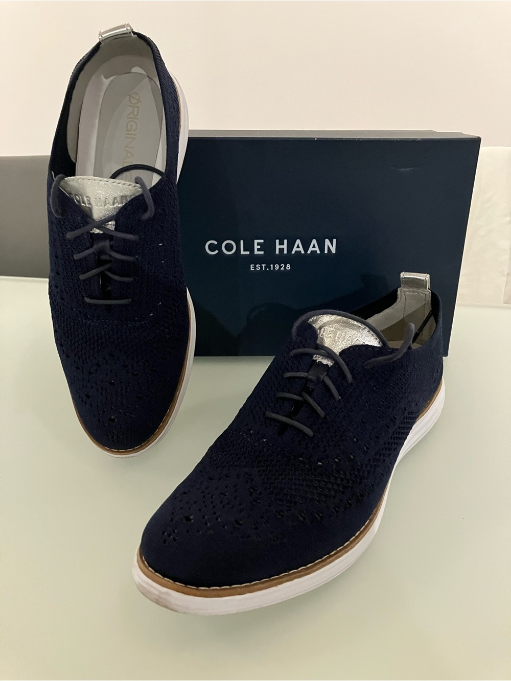 Cole Haan Navy Knit Wingtip Lace-Up Sneakers with White Sole